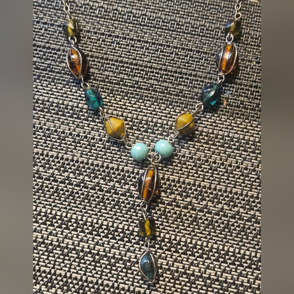 VTG. Y STERLING&GEMSTONE NECKLACE!AMBER,PERIDOT& GLASS. A REAL BEAUTY ♡
